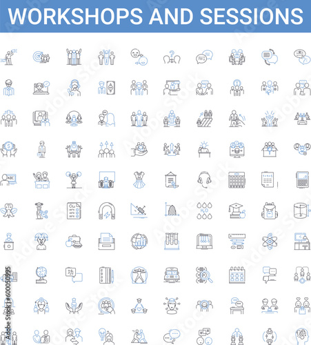 workshops and sessions outline icons collection. workshops, sessions, training, development, learning, education, skills vector illustration set. knowledge, networking, collaboration line signs