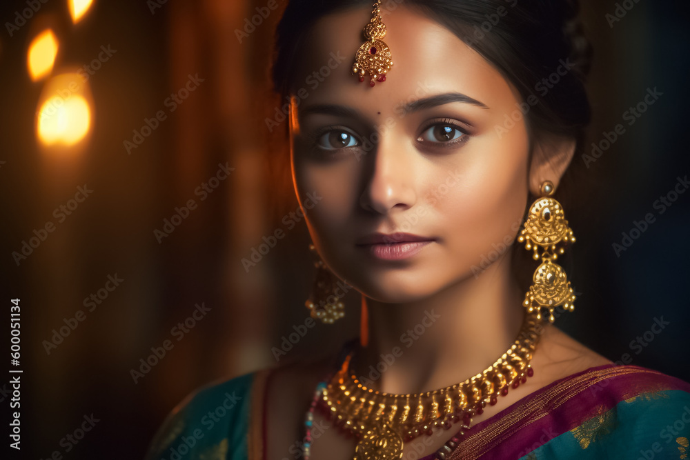 A beautiful Asian Indian woman with striking features and traditional attire poses for a hyper-realistic studio portrait. generative AI A beautiful Asian Indian woman with striking features and traditional attire poses for a hyper-realistic studio portrait. generative AI