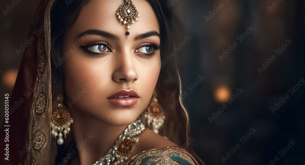 A beautiful Asian Indian woman with striking features and traditional