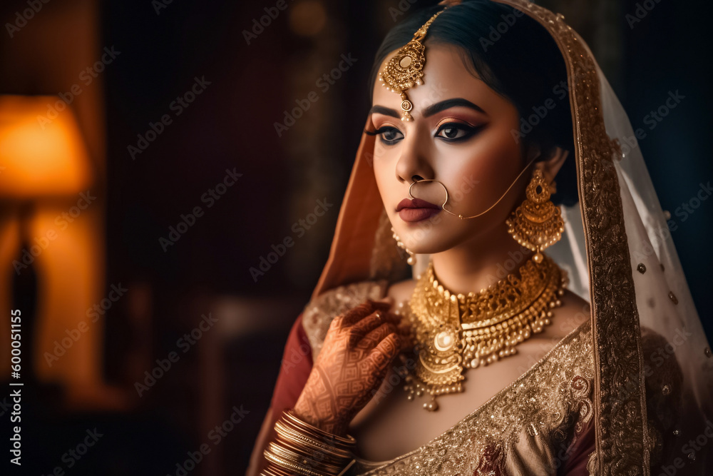 A beautiful Asian Indian woman with striking features and traditional