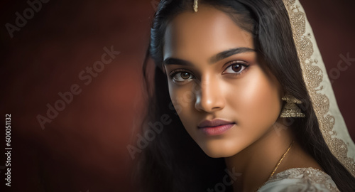 A beautiful Asian Indian woman with striking features and traditional attire poses for a hyper-realistic studio portrait. generative AI photo