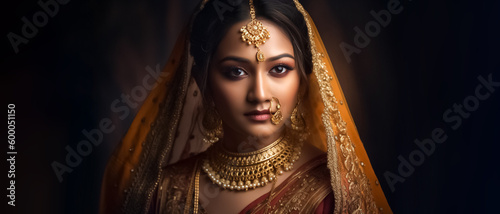 A beautiful Asian Indian woman with striking features and traditional attire poses for a hyper-realistic studio portrait. generative AI