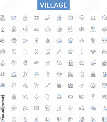 Village outline icons collection. Village, settlement, hamlet, township, rural, homestead, suburban vector illustration set. countryside, town, populace line signs