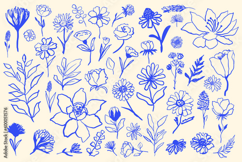 Beautiful illustration with set of various simple flowers vector. Hand drawn flowers minimalistic simple style.