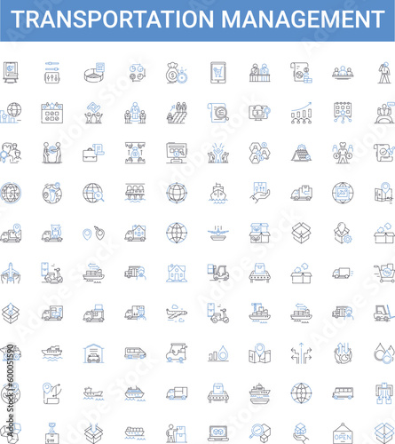 Transportation management outline icons collection. Shipping, Logistics, Tracking, Traffic, Railways, Freight, Supply vector illustration set. Routes, Rail, Delivery line signs