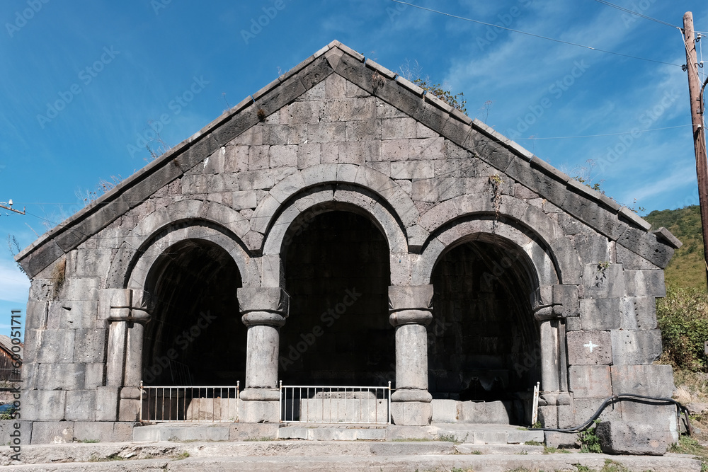 View of medieval Drinking Gallery (1258) in front of Haghpat Monastery on sunny summer day. Haghpat village, Lori Province, Armenia.