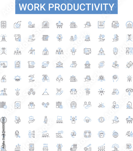 Work productivity vector line icons set. Efficiency, Productivity, Quality, Output, Results, Accomplishments, Proficiency illustration outline concept symbols and signs