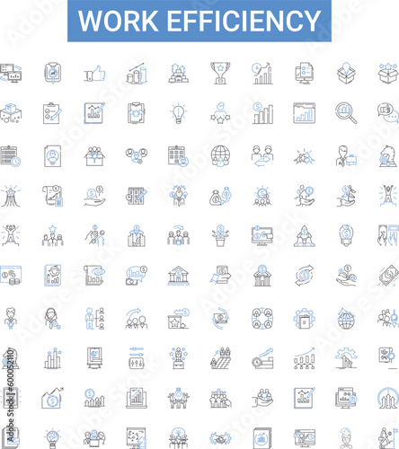 Work efficiency outline icons collection. Productivity, Effectiveness, Proficiency, Quickness, Speed, Dynamism, Skillfulness vector illustration set. Preciseness, Competence, Systematic line signs