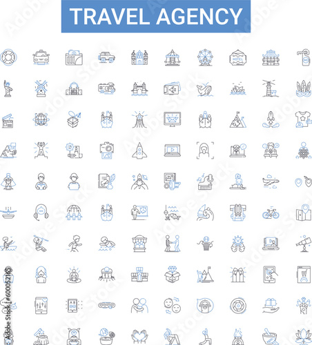 Travel agency outline icons collection. Travel, Agency, Tour, Vacation, Trip, Holiday, Explore vector illustration set. Sightseeing, Package, Leisure line signs