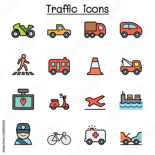 Traffic and Transportation color line icon set