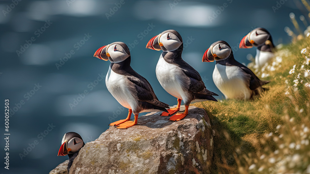 Fototapeta premium Atlantic puffin , also known as the common puffin, is a species of seabird in the auk family Generative AI