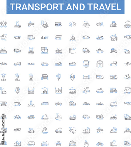 Transport and travel outline icons collection. Logistics, Planes, Boats, Trains, Roads, Ridesharing, Buses vector illustration set. Autos, Taxis, Cabs line signs
