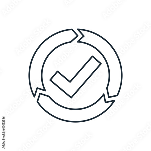 Three spinning arrows and a checkmark. Quality guarantee, service. Fast, easy, convenient.  Vector linear icon isolated on white background. 