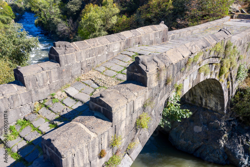 View Sanahin Bridge above Debed river on sunny summer day. Alaverdi, Lori Province, Armenia. photo