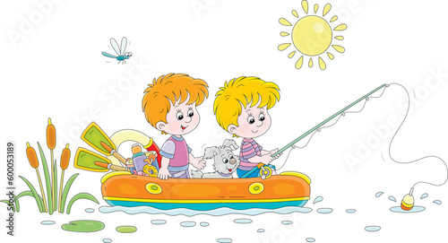 Funny little boys with their merry puppy floating in an inflatable boat with a fishing-rod and catching fishes in a pretty lake on a sunny summer day, vector cartoon illustration isolated on white