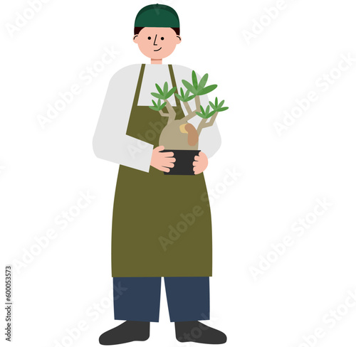 塊根植物のグラキリスを手に持った園芸店の男性のイラスト