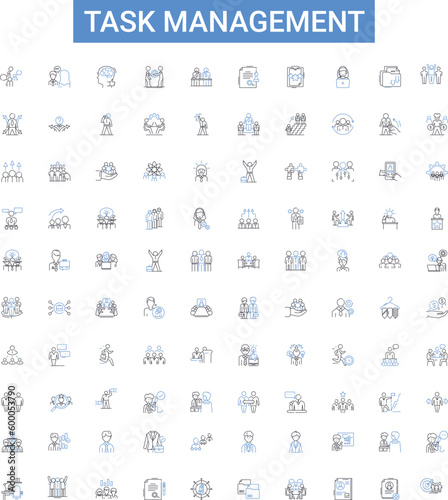 Task management outline icons collection. Organizing, Planning, Scheduling, Allocating, Documenting, Prioritizing, Coordinating vector illustration set. Tracking, Monitoring, Chiefing line signs