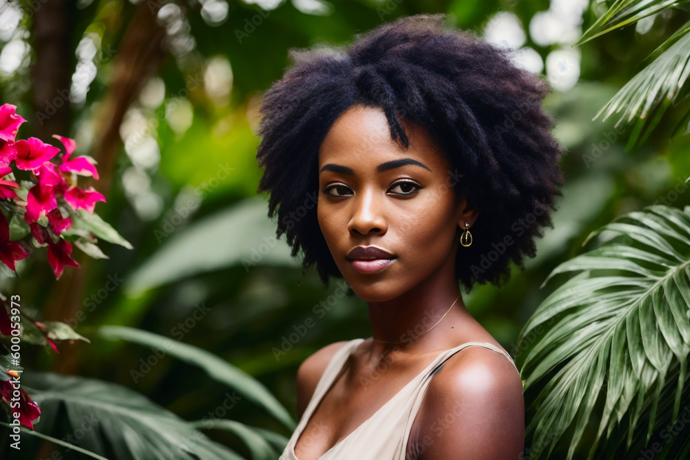 Portrait of young attractive ebony woman in african style with tropical flowers everywhere. Generative AI Portrait of young attractive ebony woman in african style with tropical flowers everywhere. Generative AI