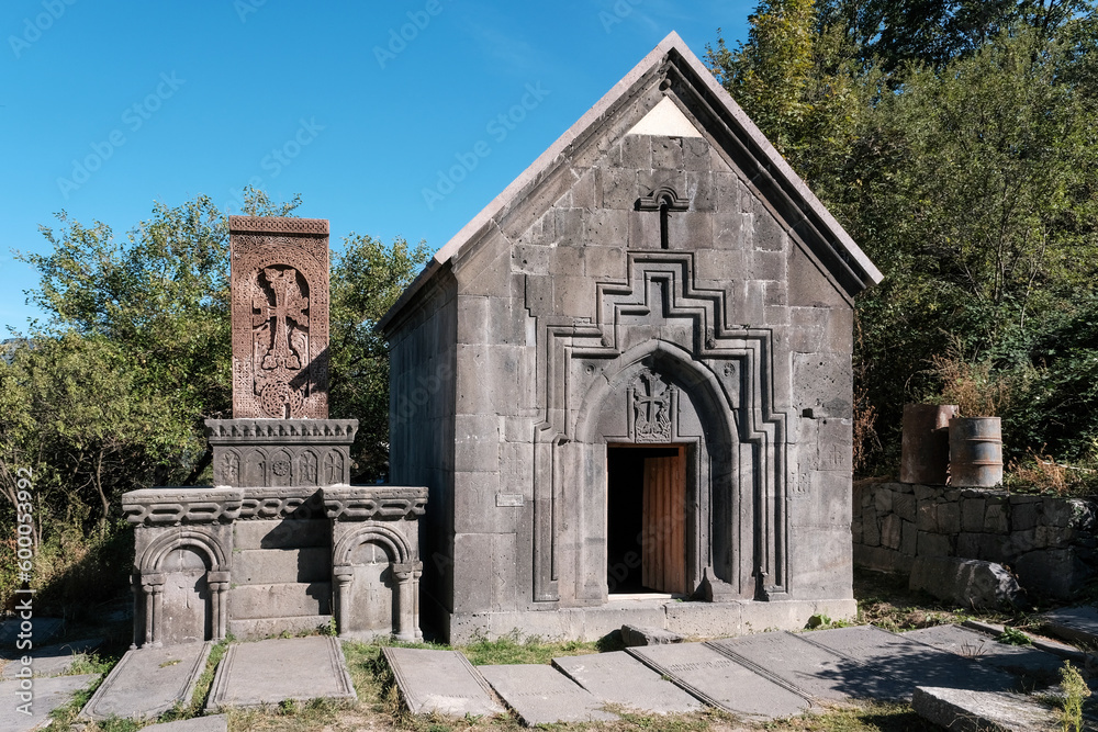 View of Tomb of the Zakaryans (Zakarid) in Sanahin Monastery on sunny summer day. Lori Province, Armenia.