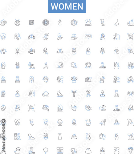 Women outline icons collection. Female, Ladies, Womenfolk, Ladies, She, Herself, Womanly vector illustration set. Feminine, Gal, Maiden line signs