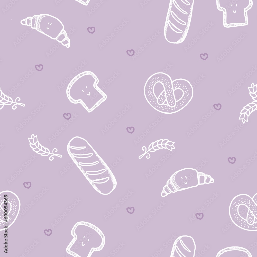 seamless pattern background bakery  bread in purple pastel background