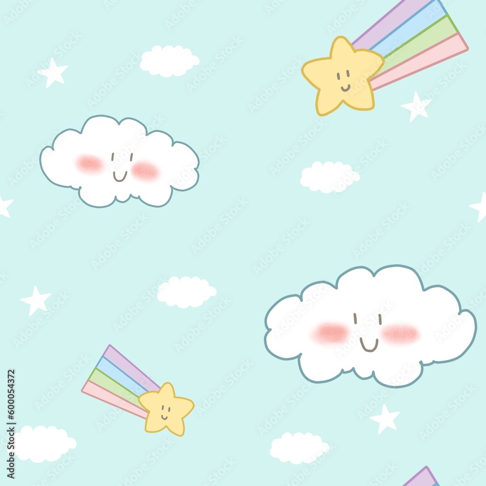 seamless pattern background baby rainbow and cloud in pastel blue sky