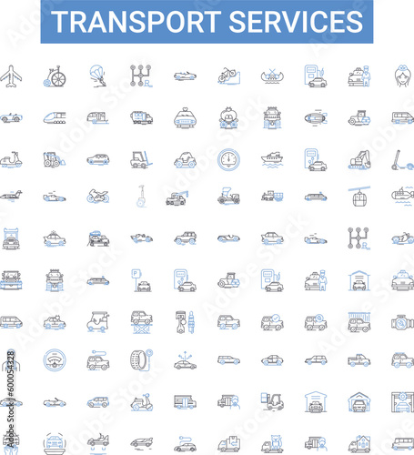 Transport services outline icons collection. Transportation  Shipping  Logistics  Delivery  Courier  Transiting  Haulage vector illustration set. Freight Hauling Taxi line signs