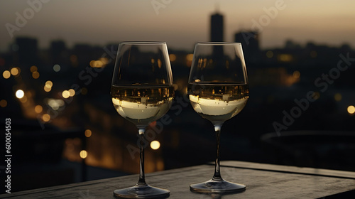 2 Glässer Weißwein spät abends bei Sonnenuntergang in der Stadt. Querformat. Generative Ai.