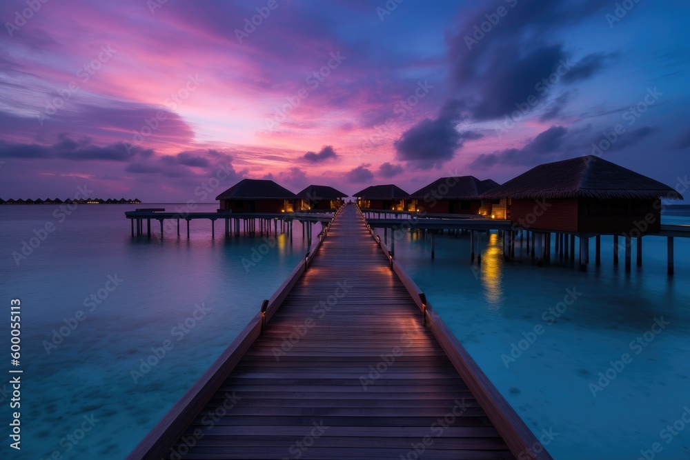 Obraz premium Amazing drone view of the beach and water with beautiful colors. Paradise scenery water villas with amazing sea and beach, tropical nature. summer vacation.