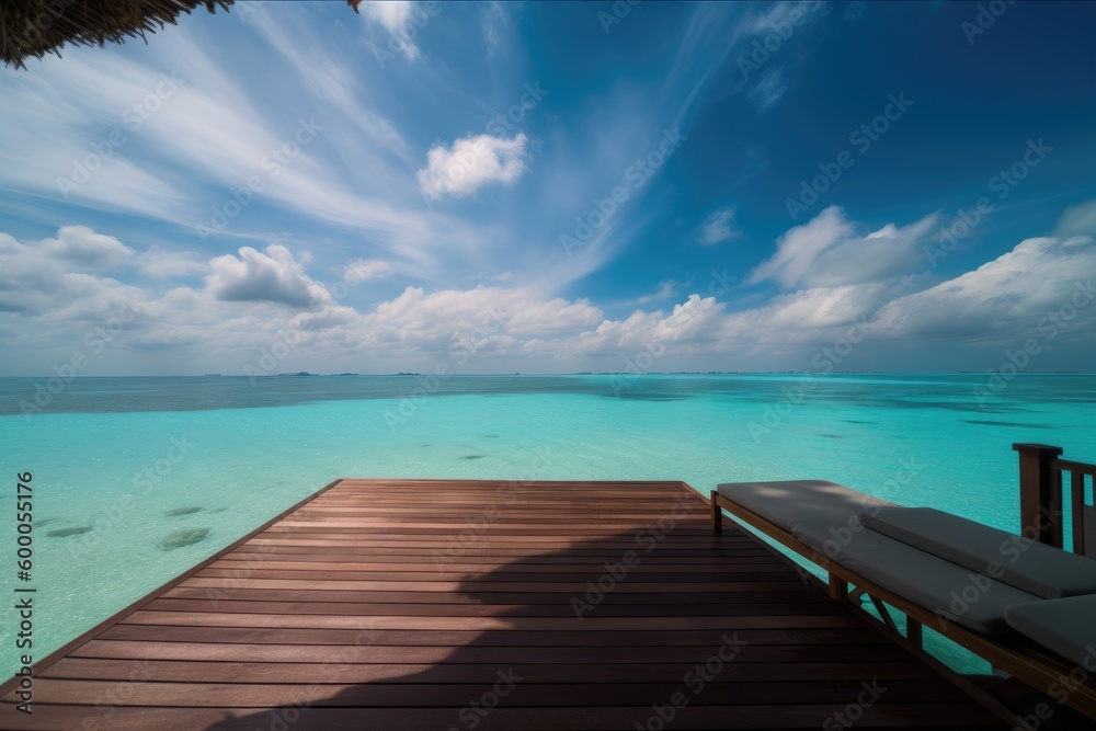 Obraz premium Amazing drone view of the beach and water with beautiful colors. Paradise scenery water villas with amazing sea and beach, tropical nature. summer vacation.