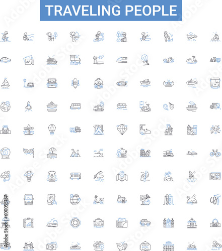Traveling people outline icons collection. Travellers, Voyagers, Roamers, Explorers, Adventurers, Wanderers, Journeyers vector illustration set. Globetrotters,Vagabonds,Backpackers line signs