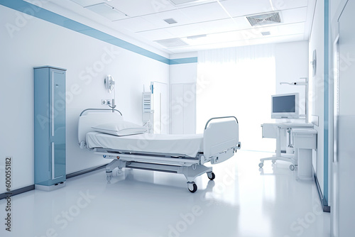 White blue Recovery Room with beds and comfortable medical equipped in a hospital Generative AI
