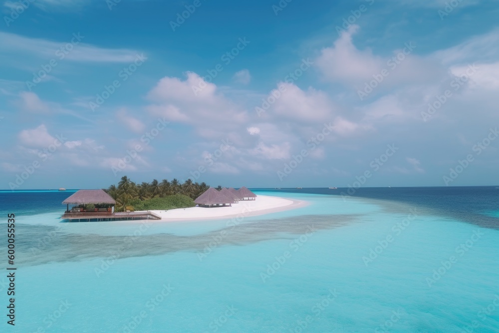 Obraz premium Amazing drone view of the beach and water with beautiful colors. Paradise scenery water villas with amazing sea and beach, tropical nature. summer vacation.