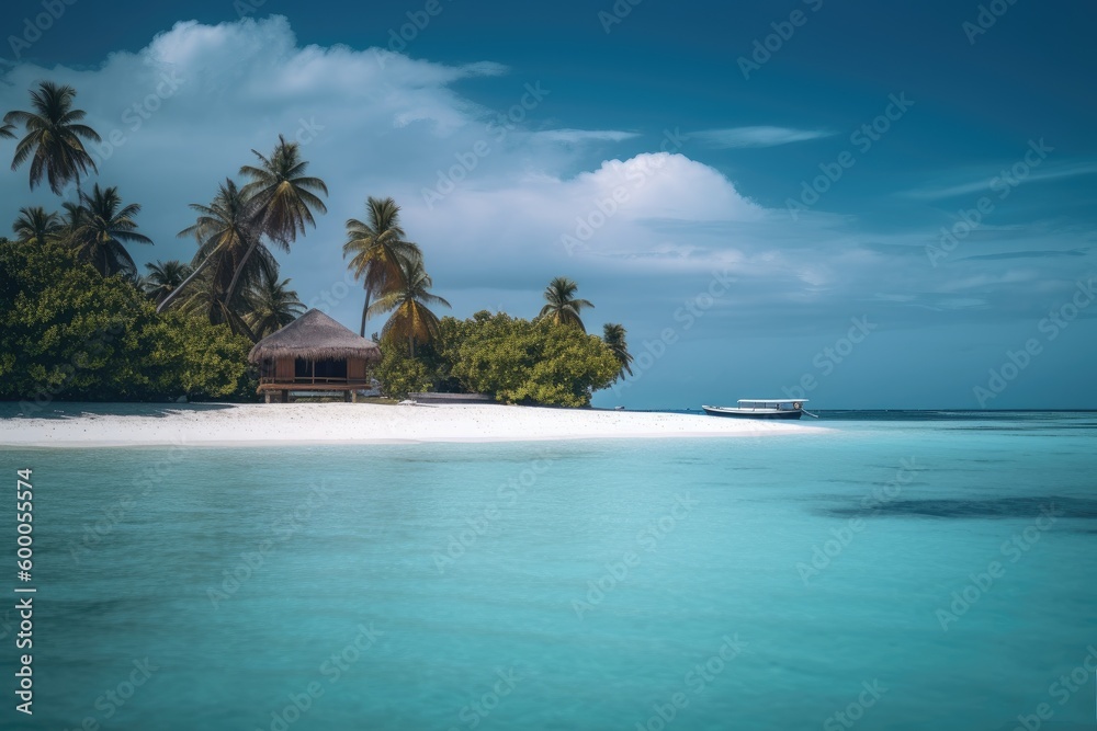Fototapeta premium Amazing drone view of the beach and water with beautiful colors. Paradise scenery water villas with amazing sea and beach, tropical nature. summer vacation.