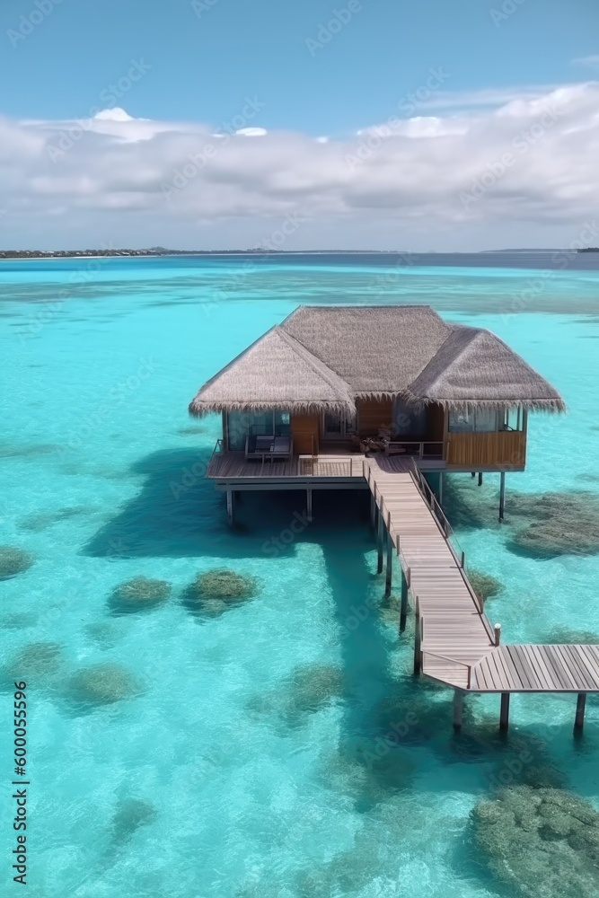 Amazing drone view of the beach and water with beautiful colors. Paradise scenery water villas with amazing sea and beach, tropical nature. summer vacation.