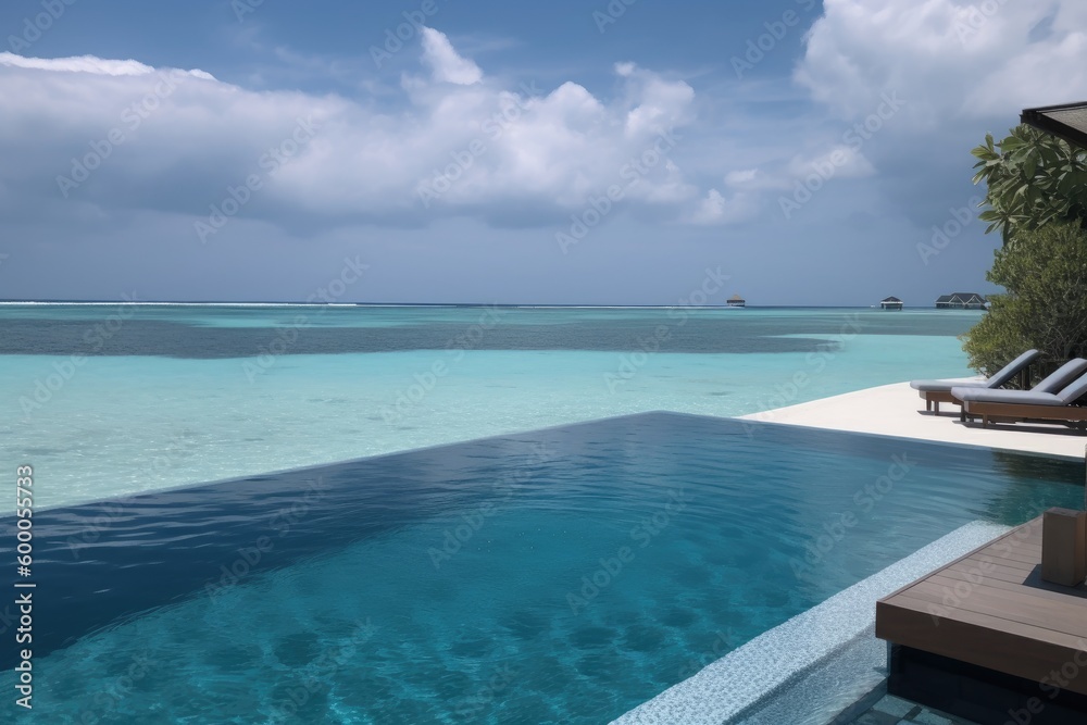 Fototapeta premium Amazing drone view of the beach and water with beautiful colors. Paradise scenery water villas with amazing sea and beach, tropical nature. summer vacation.