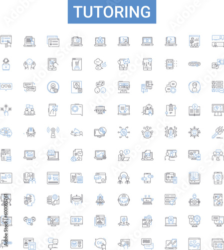 Tutoring outline icons collection. Tutoring, Tutor, Teach, Tutoring-Services, Coaching, Education, Mentoring vector illustration set. Instruction, Learning, Help line signs