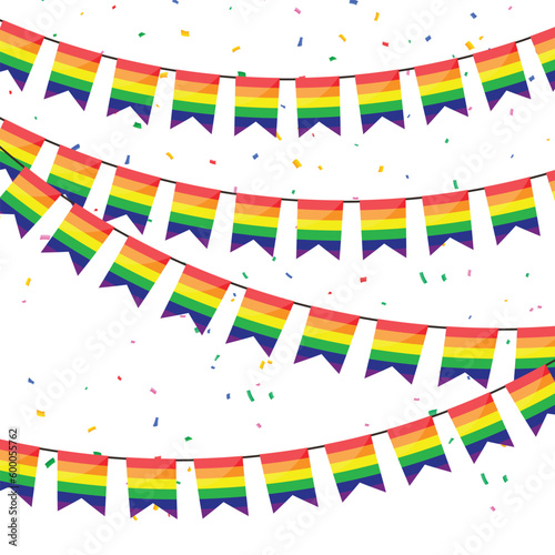 LGBT celebration bunting flags with Confetti on white background.vector illustration