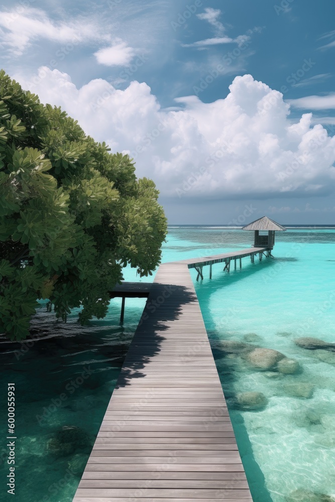 Fototapeta premium Amazing drone view of the beach and water with beautiful colors. Paradise scenery water villas with amazing sea and beach, tropical nature. summer vacation.