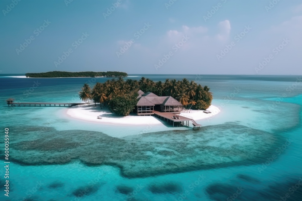 Obraz premium Amazing drone view of the beach and water with beautiful colors. Paradise scenery water villas with amazing sea and beach, tropical nature. summer vacation.