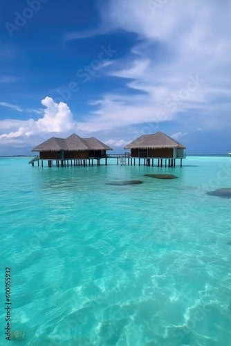 Amazing drone view of the beach and water with beautiful colors. Paradise scenery water villas with amazing sea and beach, tropical nature. summer vacation.