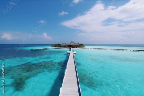 Amazing drone view of the beach and water with beautiful colors. Paradise scenery water villas with amazing sea and beach  tropical nature. summer vacation.