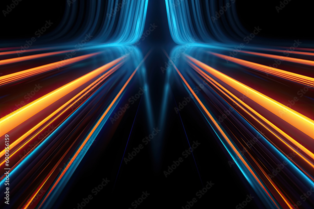 Fototapeta premium Abstract neon background with ascending orange and blue glowing lines. Wallpaper with futuristic rays, 3d rendering