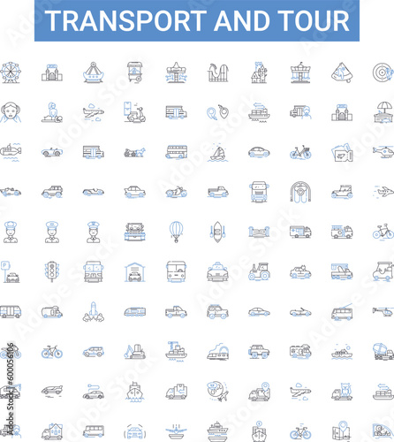 Transport and tour outline icons collection. Transport, Tour, Travel, Bus, Taxi, Car, Rail vector illustration set. Flight,Airline,Cruise line signs