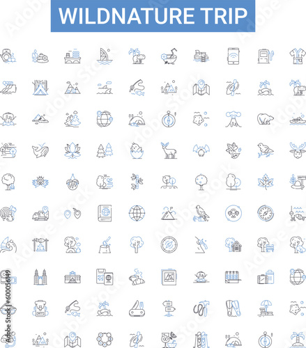 Wildnature trip outline icons collection. Wildnature, trip, hiking, camping, safari, backpacking, bushwalking vector illustration set. trekking, exploring, outdoors line signs