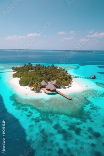 Amazing drone view of the beach and water with beautiful colors. Paradise scenery water villas with amazing sea and beach, tropical nature. summer vacation.