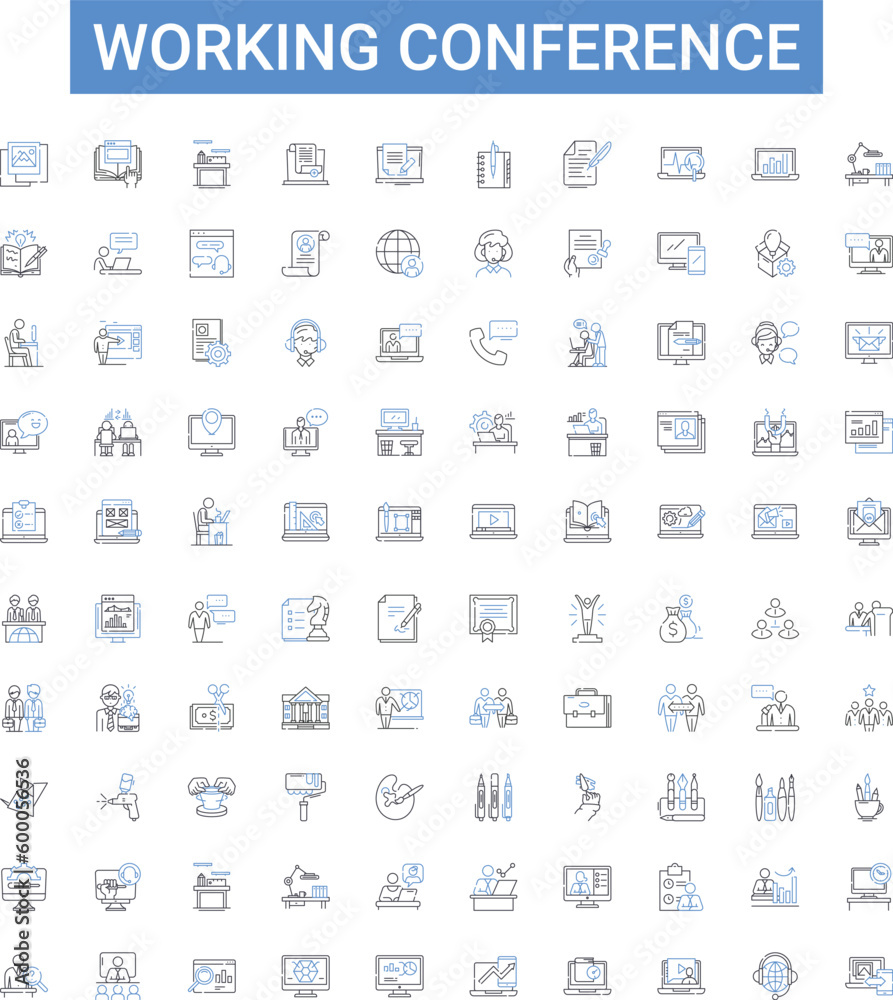 Working conference outline icons collection. Working, Conference, Meeting, Event, Seminar, Summit, Gather vector illustration set. Network, Forum, Program line signs