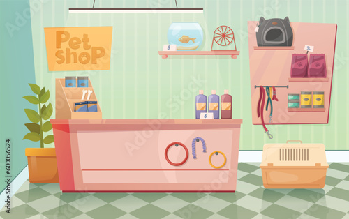 Pet shop interior with nobody.  Things for home animals: dog, cat, parrot, fish. Shelves with accessories, feeds and toys vector illustration.