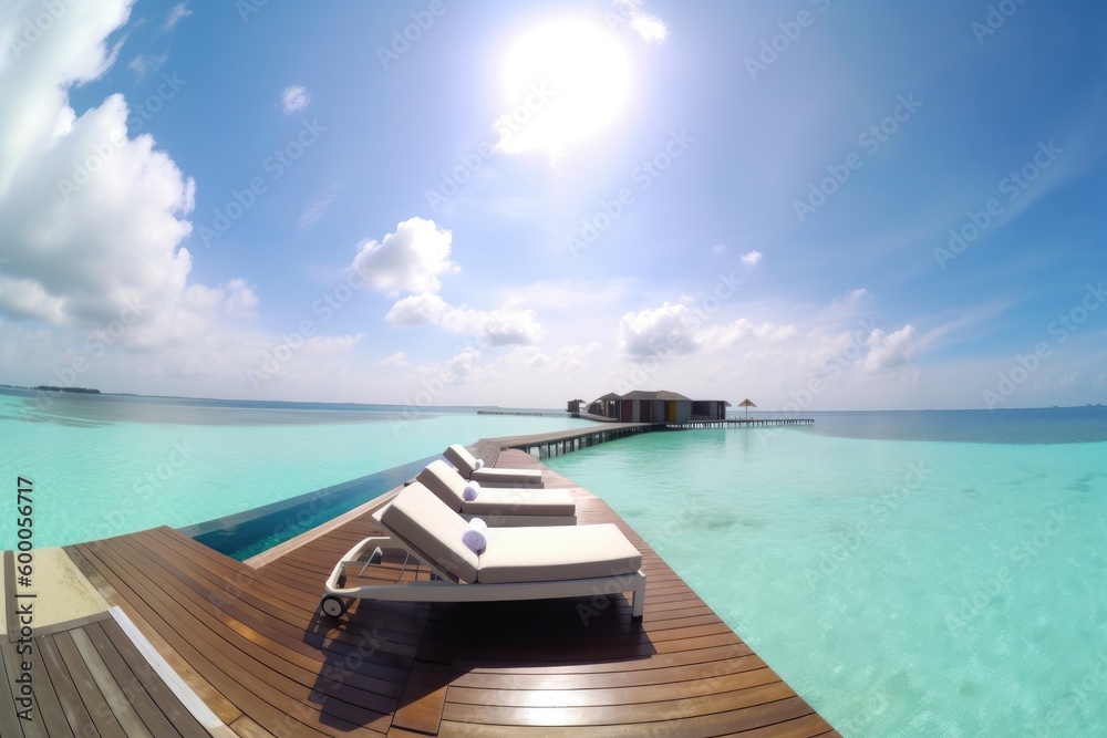 Obraz premium Amazing drone view of the beach and water with beautiful colors. Paradise scenery water villas with amazing sea and beach, tropical nature. summer vacation.