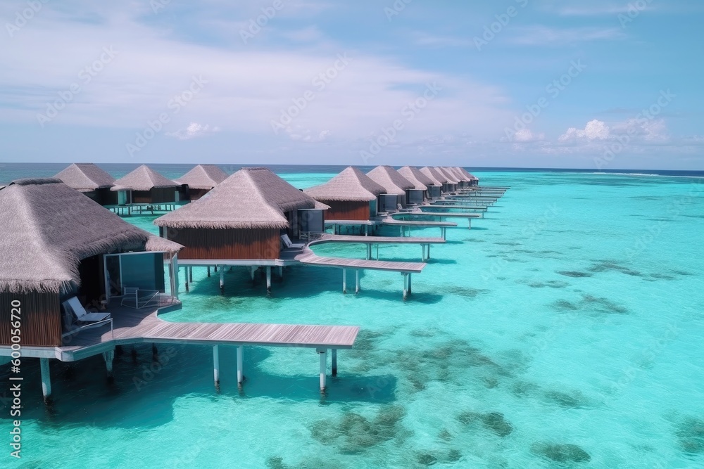 Amazing drone view of the beach and water with beautiful colors. Paradise scenery water villas with amazing sea and beach, tropical nature. summer vacation.